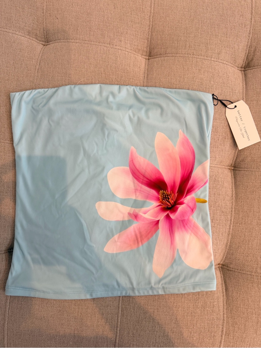 Floral Strapless Tube Top in Light Blue with Pink Bloom